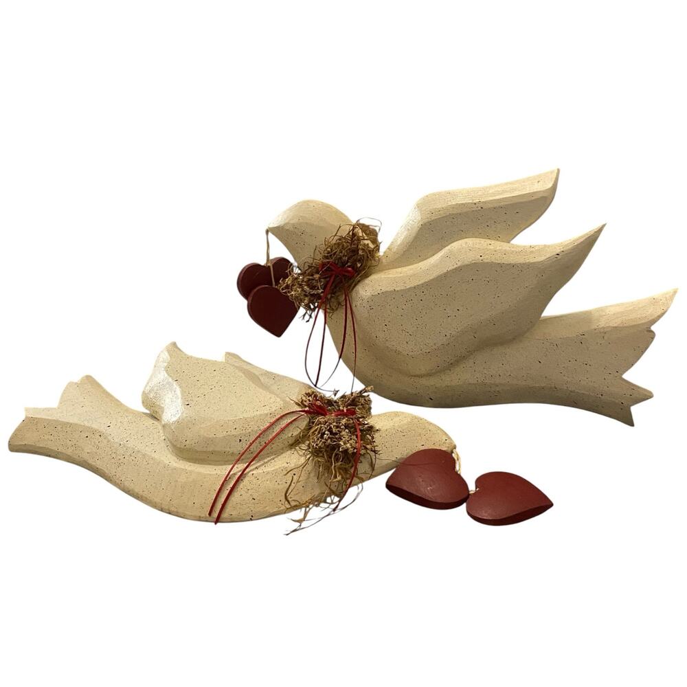 Handmade Pair of Wooden Love Doves 7" Tall Wall Art Vintage Carved Rustic
